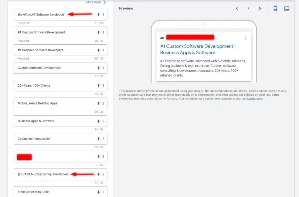 a screenshot of a google ads setup with fields for dynamic keyword insertion and location operators. these features allow for customised ads that automatically include relevant keywords and location information based on the user's search query. 