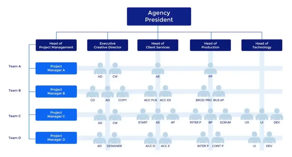Marketing Agency Hierarchy Model a hierarchy chart for a typical agency, starting with the agency president at the top and branching out to various positions such as the head of project management, executive director, head of client services, head of production, and head of technology.