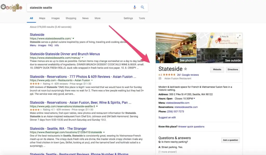 Optimise Local Search Neil Patel a screenshot of a google search result displaying a local search for "stateside seattle" on the right-hand side of the screen. the local search includes information such as the business's address, phone number, website, and reviews. this information is helpful for users who are looking for local businesses and want to learn more about them.