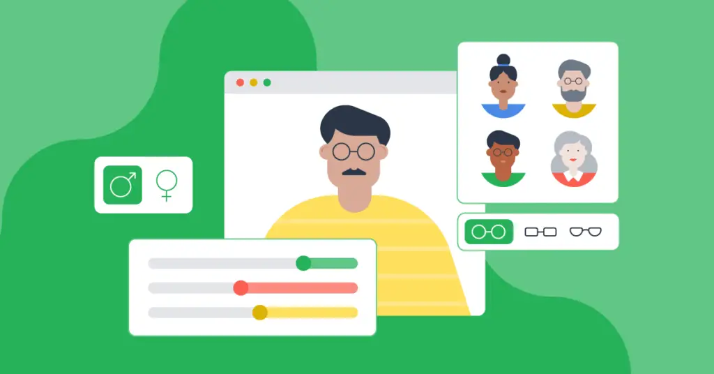 Buyer Persona Template Free a colorful illustration depicting the creation of a marketing persona by personalizing it based on gender and preferences.