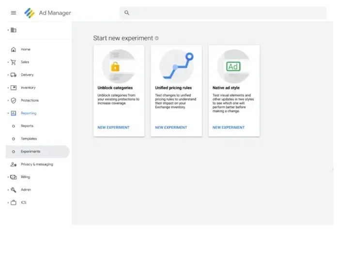 A Demonstration Of Googles Ad Manager Showing The Experiments Preview Under Reporting a screenshot of the "experiment" section in google ads. the options to start a new experiment are highlighted, including "unblock categories", "unified pricing rules", and "native ad style". these options allow advertisers to test different settings and strategies to optimize their ad campaigns.