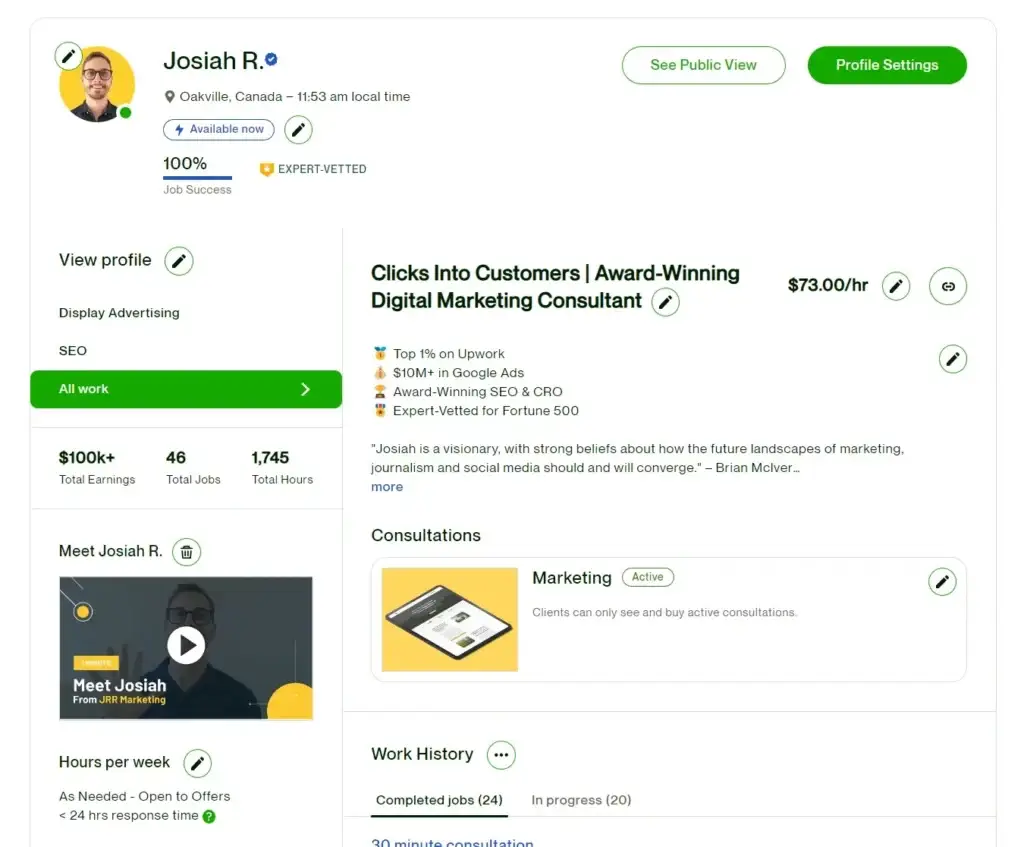 the image shows josiah roche's upwork profile.