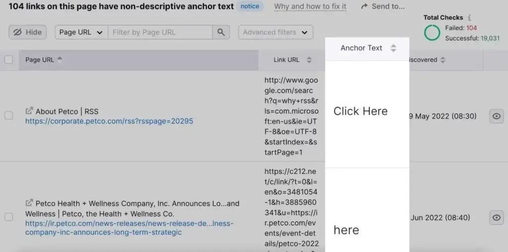 inspecting the anchor text during the seo quality analysis