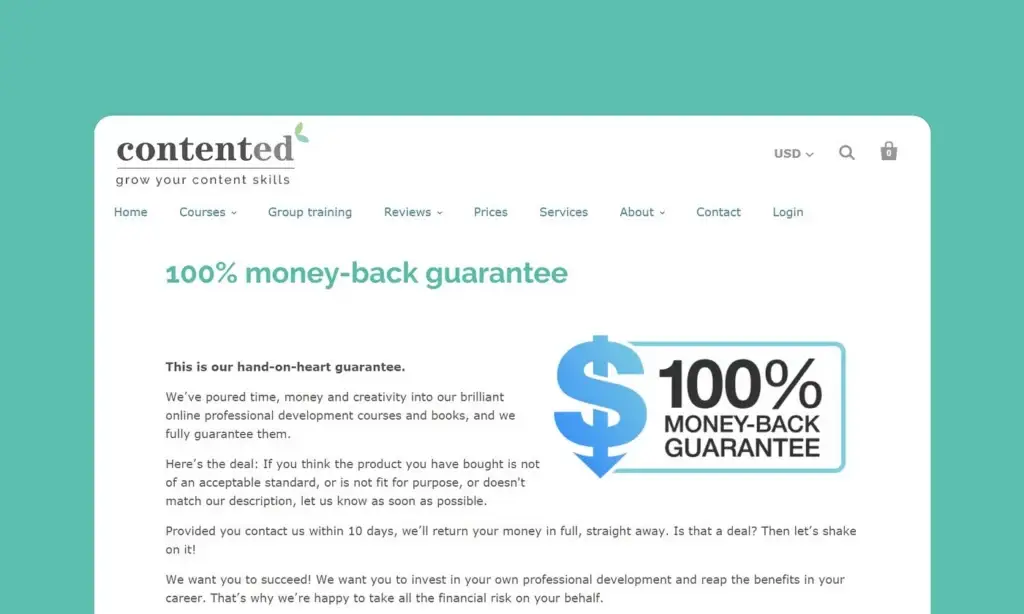 Contented 100 Percent Money Back Guarantee contented 100% money-back guarantee page