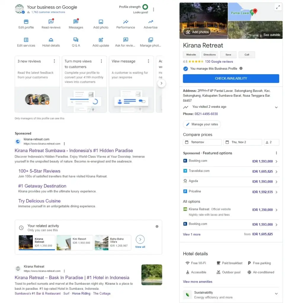 example of a local hotel using google my business properly