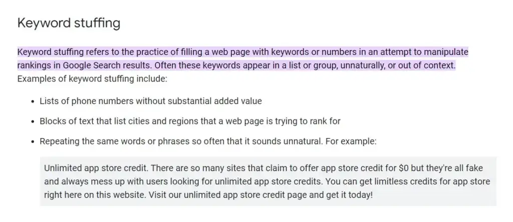 keyword stuffing definition by google