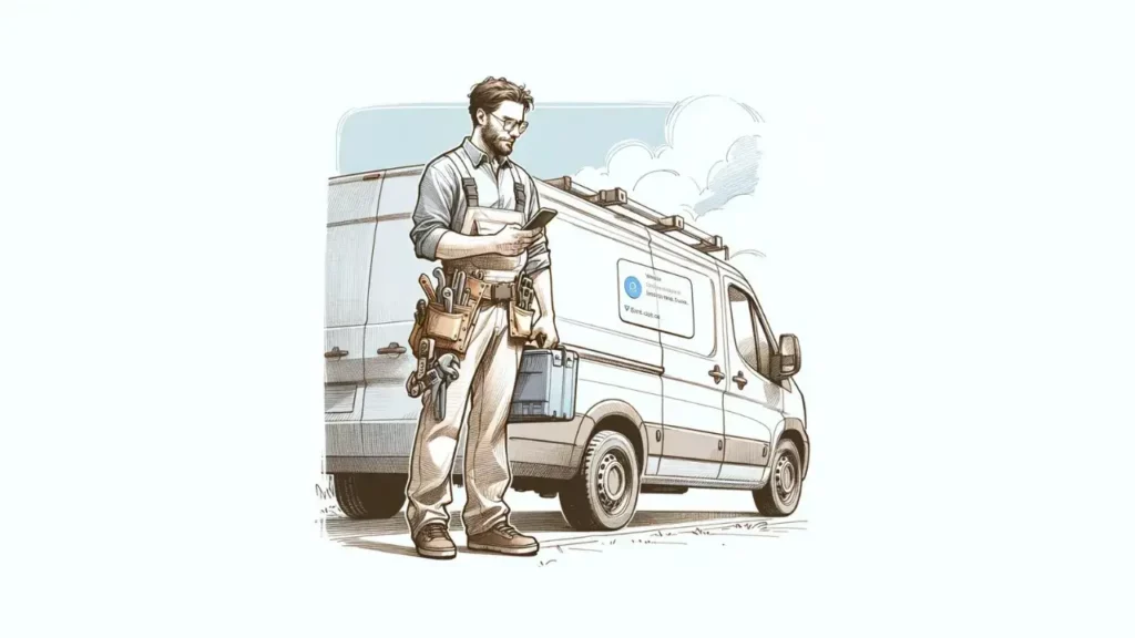 tradesperson using a mobile device by his service van, choosing between local service ads vs google ads