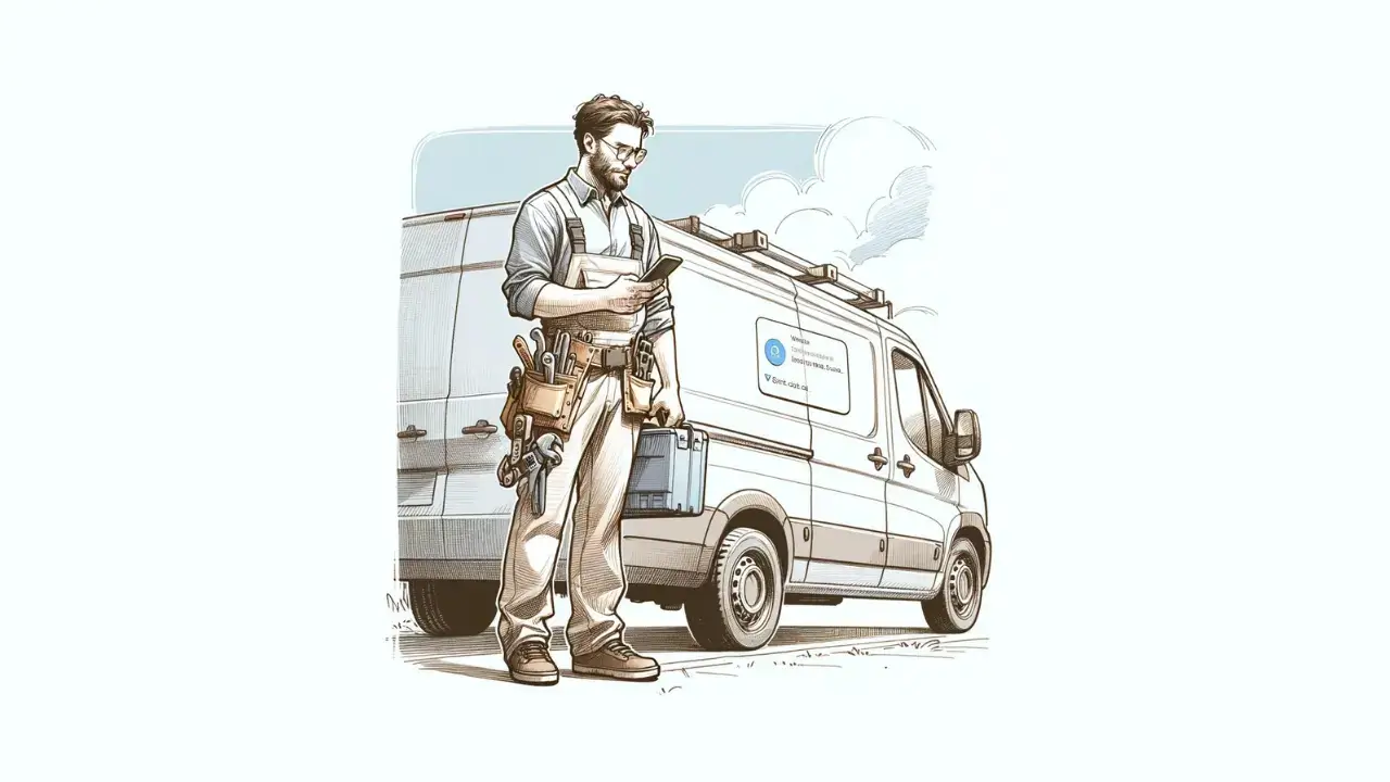 tradesperson using a mobile device by his service van, choosing between local service ads vs google ads