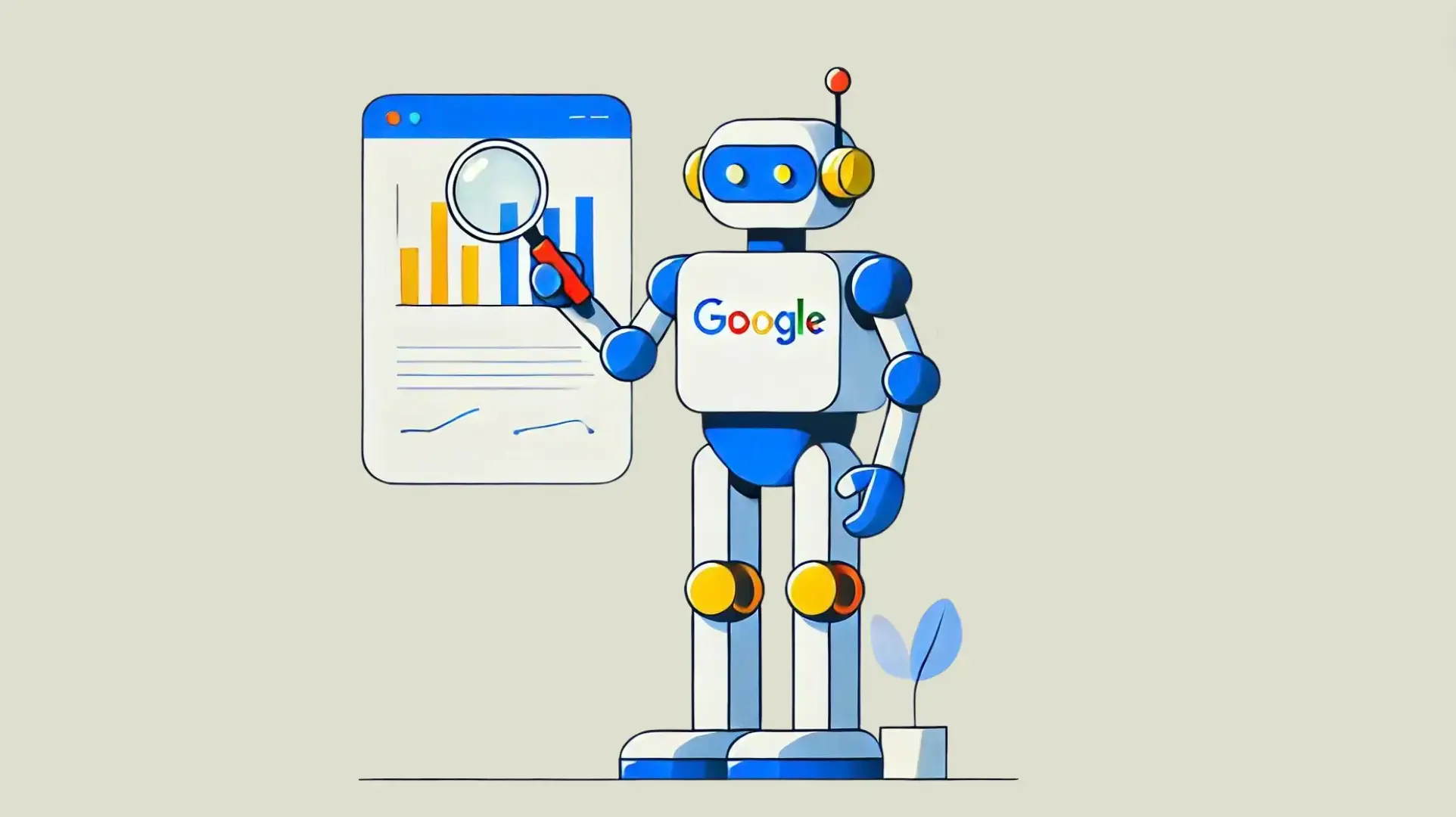 The image shows a robot with a magnifying glass, pointing at a chart displayed on a screen. This scene represents Search Console recommendations, where the robot suggests improvements based on data insights from Google's Search Console.