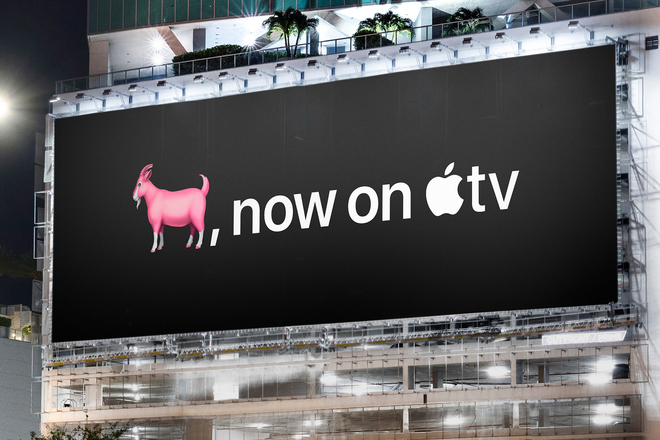 Baader Meinhof Phenomenon 1 billboard promoting apple tv with a goat emoji, demonstrating the baader-meinhof phenomenon of repeated exposure to a brand.