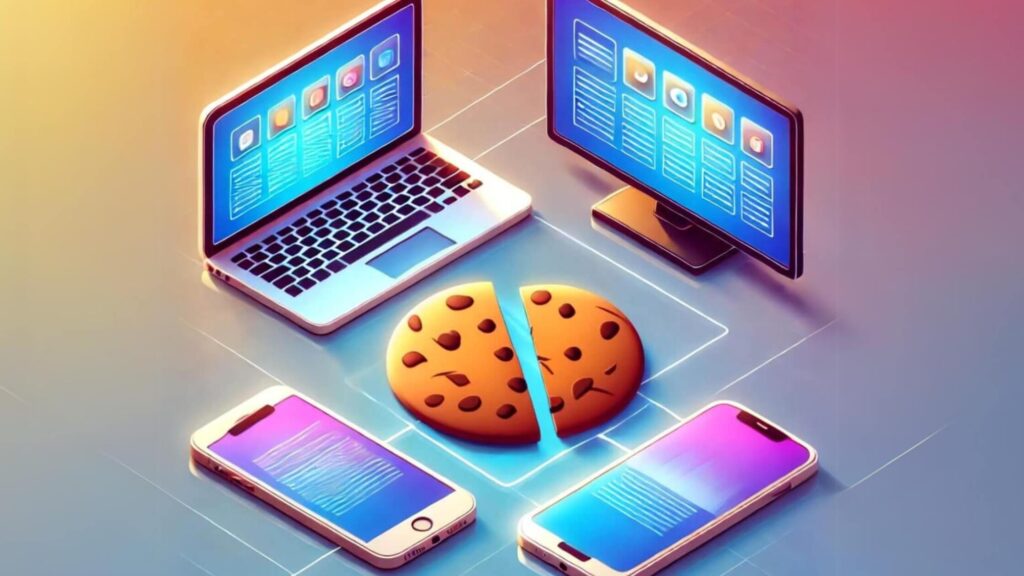 A digital illustration showing the death of third-party cookies. The image displays a broken chocolate chip cookie in the centre, surrounded by a laptop, a TV, and two smartphones, symbolising the disruption in cross-device tracking. This visual represents the end of third-party cookie tracking across devices, with an emphasis on privacy and data protection.