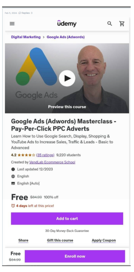 Image 5 udemy course page showing a banner, 'discount ends in 4 days,' highlighting the perceived scarcity effect to drive urgency in purchasing the course."