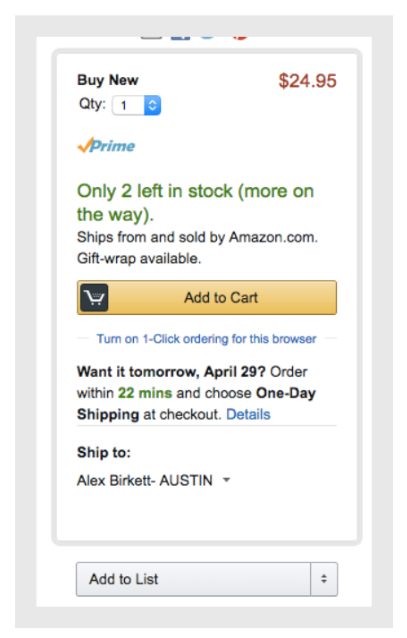 Image 6 amazon product page with a message, 'only 2 left in stock—order soon,' utilizing the perceived scarcity effect to prompt immediate purchase."