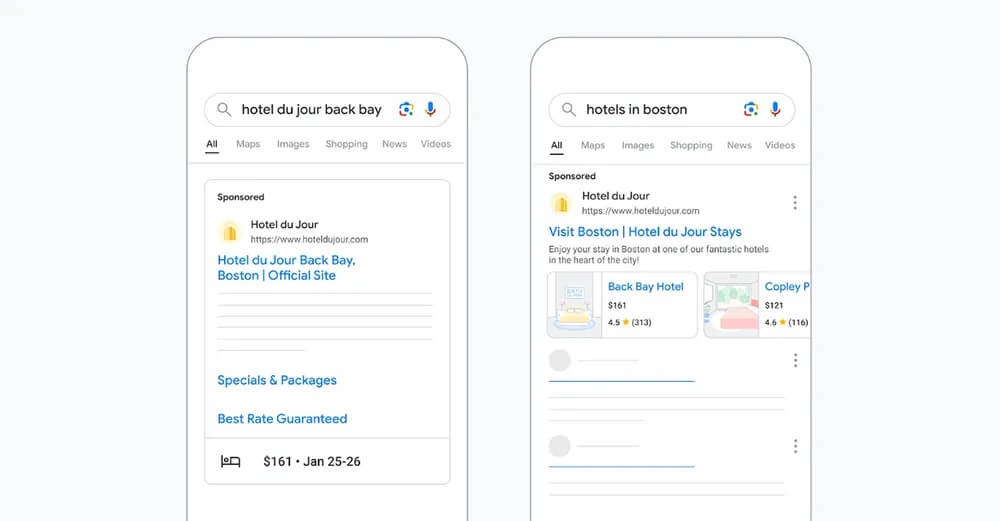 mobile search results showing hotel options in boston, including ratings, prices, and sponsored ads at the top. the display highlights how travel feeds in search ads enhance the online booking experience by showing relevant, location-based hotel options directly in search results.