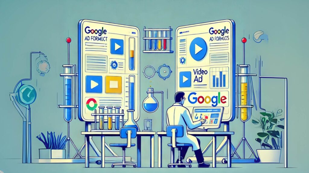 A clean and modern illustration of a scientist in a lab analysing two distinct Google ad formats, showcasing a video ad on one screen and a text ad on another. The scene features sleek laboratory tools and Google branding elements with vibrant colours, symbolising the precision and experimentation involved in an effective PPC testing strategy.