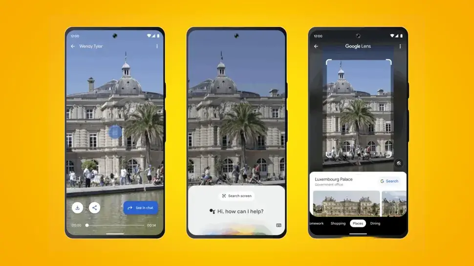 three android smartphones display a visual search in action using google lens, identifying luxembourg palace in paris. the middle phone shows a voice assistant prompt, while the rightmost screen highlights the palace's name and search results. this image clearly demonstrates why you should optimize for visual search, showcasing how users engage with real-time identification of landmarks through mobile ai.