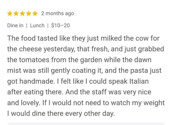 five-star restaurant review highlighting fresh, farm-to-table ingredients and handmade pasta, praising the italian authenticity and warm service, a prime example of how user-generated content supports voice search local seo.