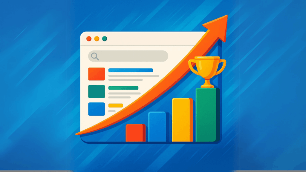 Colorful digital illustration of a browser window and upward trending bar graph, ending in a golden trophy. The background features gradient blues and motion lines. This symbolic visual emphasizes SEO success and performance, supporting the importance of understanding domain authority vs page authority for achieving higher search engine rankings.