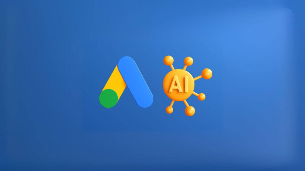 Illustration of the Google Ads logo beside an AI icon on a blue background, symbolizing automation and machine learning. Image represents how do performance max campaigns work using artificial intelligence to optimize ads.