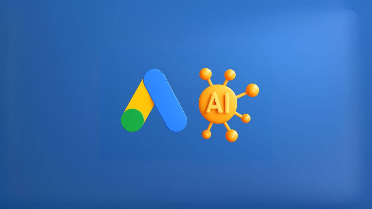 illustration of the google ads logo beside an ai icon on a blue background, symbolizing automation and machine learning. image represents how do performance max campaigns work using artificial intelligence to optimize ads.