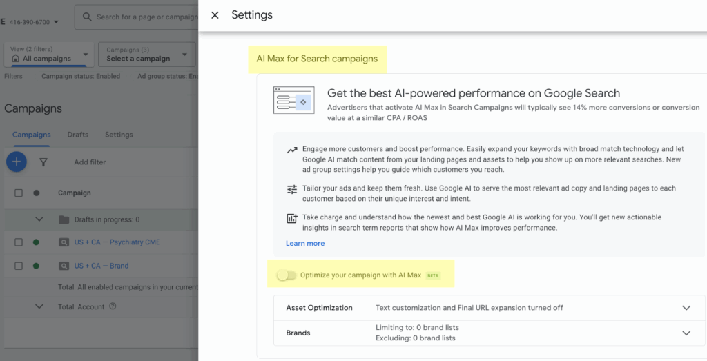 screenshot of google ads showing ai max for search campaigns to improve performance in a paid search strategy.